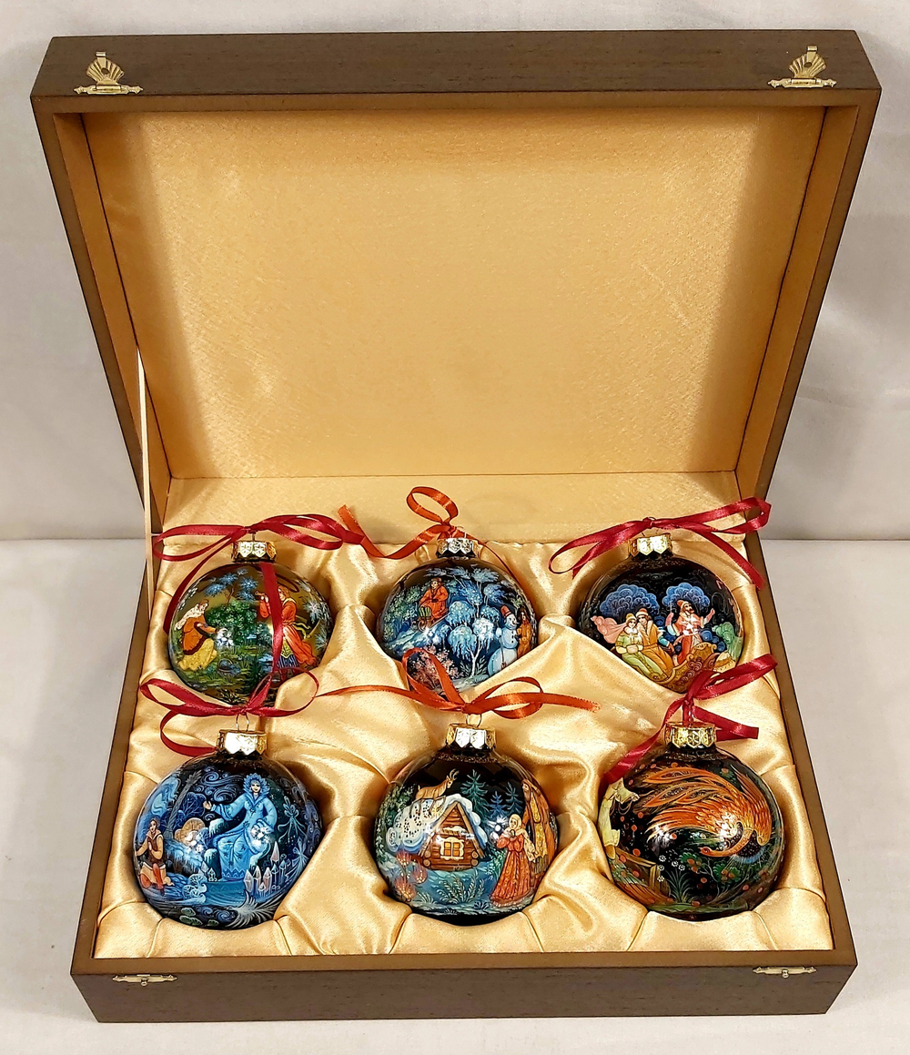 Сувенирный набор из 6-ти новогодних шаров с ручной росписью Палех