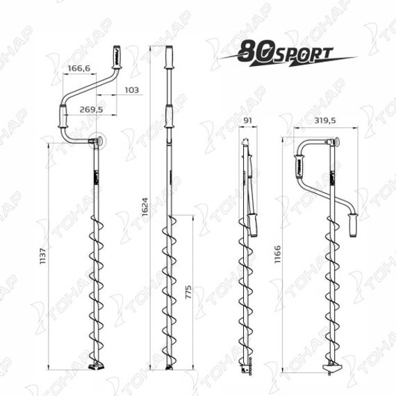 Ледобур ЛР-080 Спорт левое вращение, цельнотянутый шнек (LS-80LD-1) Тонар