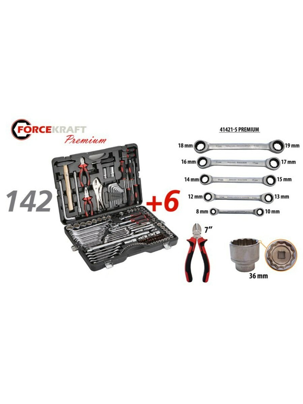 Набор инструментов 142+6пр. 1/4''3/8''1/2''(6-гран.)(4-36мм, 27,30,32,36-12гр.)+(ключи трещоточные:8х10,12х13,14х15,16х17,18х19мм, бокорезы-7'') FORCEKRAFT FK-41421-5 PREMIUM
