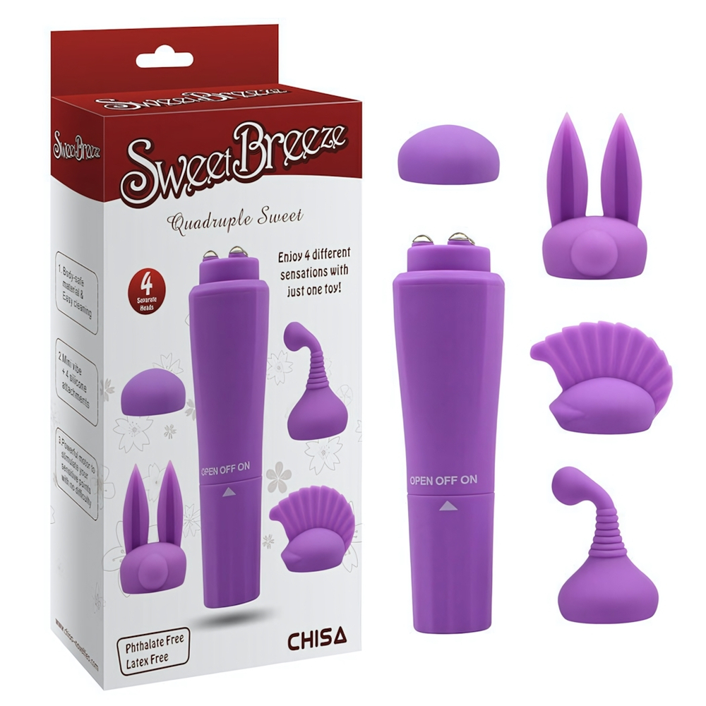 Мини-вибратор со сменными насадками Quadruple Sweet (Цвет: фиолетовый)