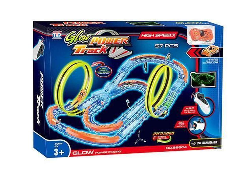 Автотрек (54,5*7*36,5см) светящ. (57 дет.,машинка,акк.3.7V,USB) в коробка
