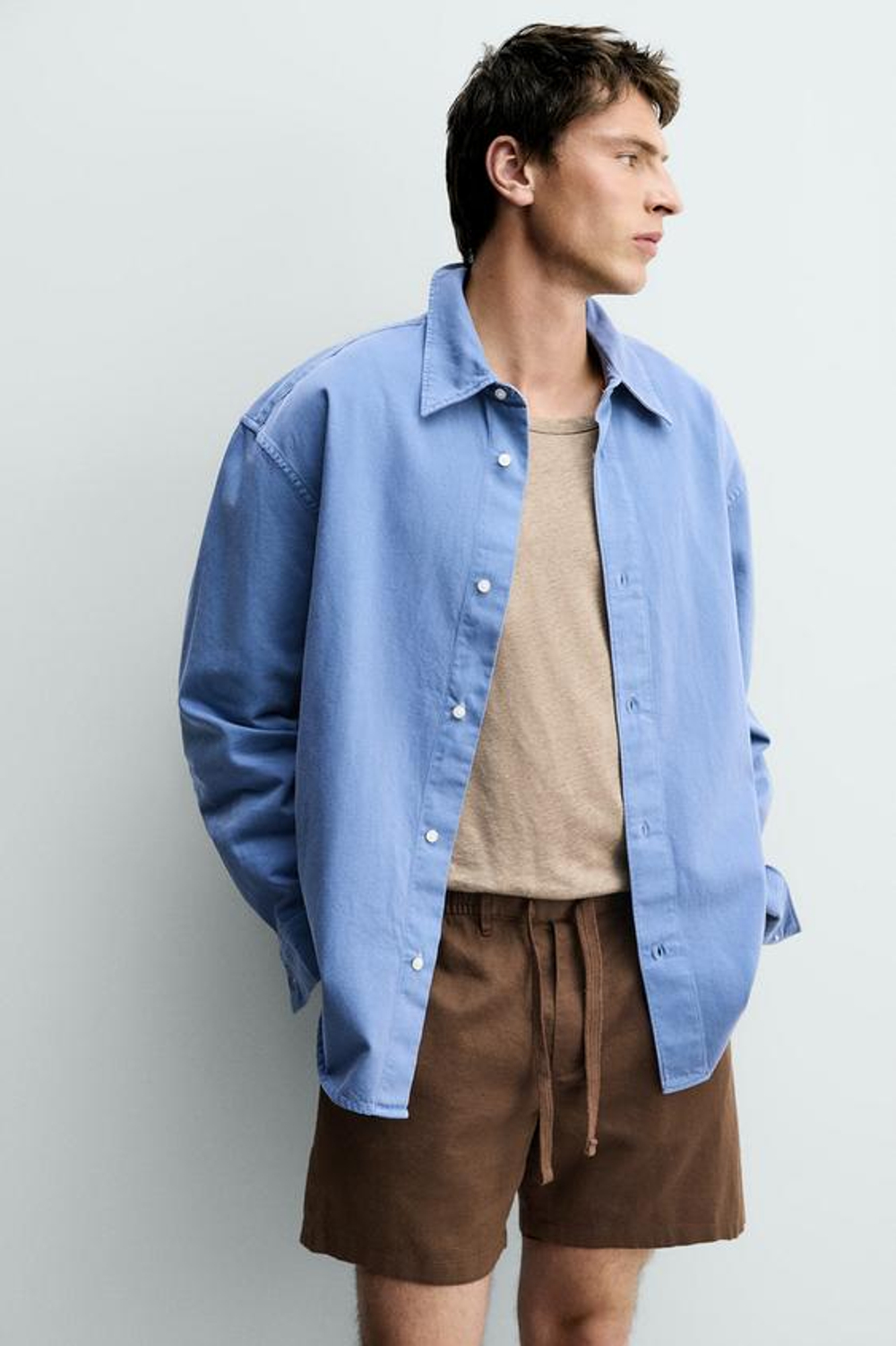 ZARA ШОРТЫ RELAXED FIT ИЗ ХЛОПКА И ЛЬНА, КОРИЧНЕВЫЙ