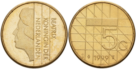 Нидерланды 5 гульденов, 1988-2001 королева Беатрикс XF