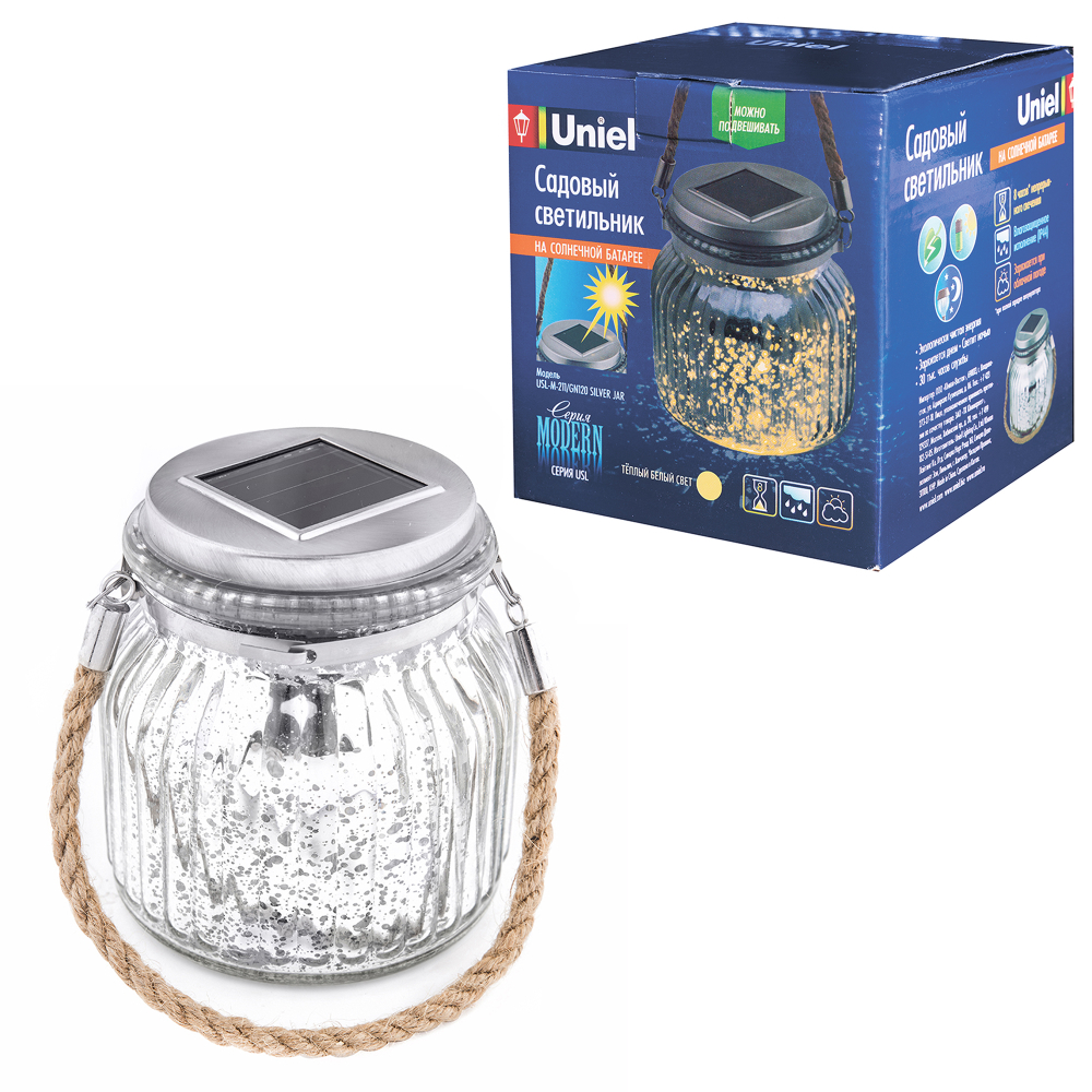 USL-M-211/GN120 SILVER JAR Садовый светильник на солнечной батарее. Теплый белый свет. 1*АА Ni-Mh аккумулятор в/к. IP44. TM Uniel.