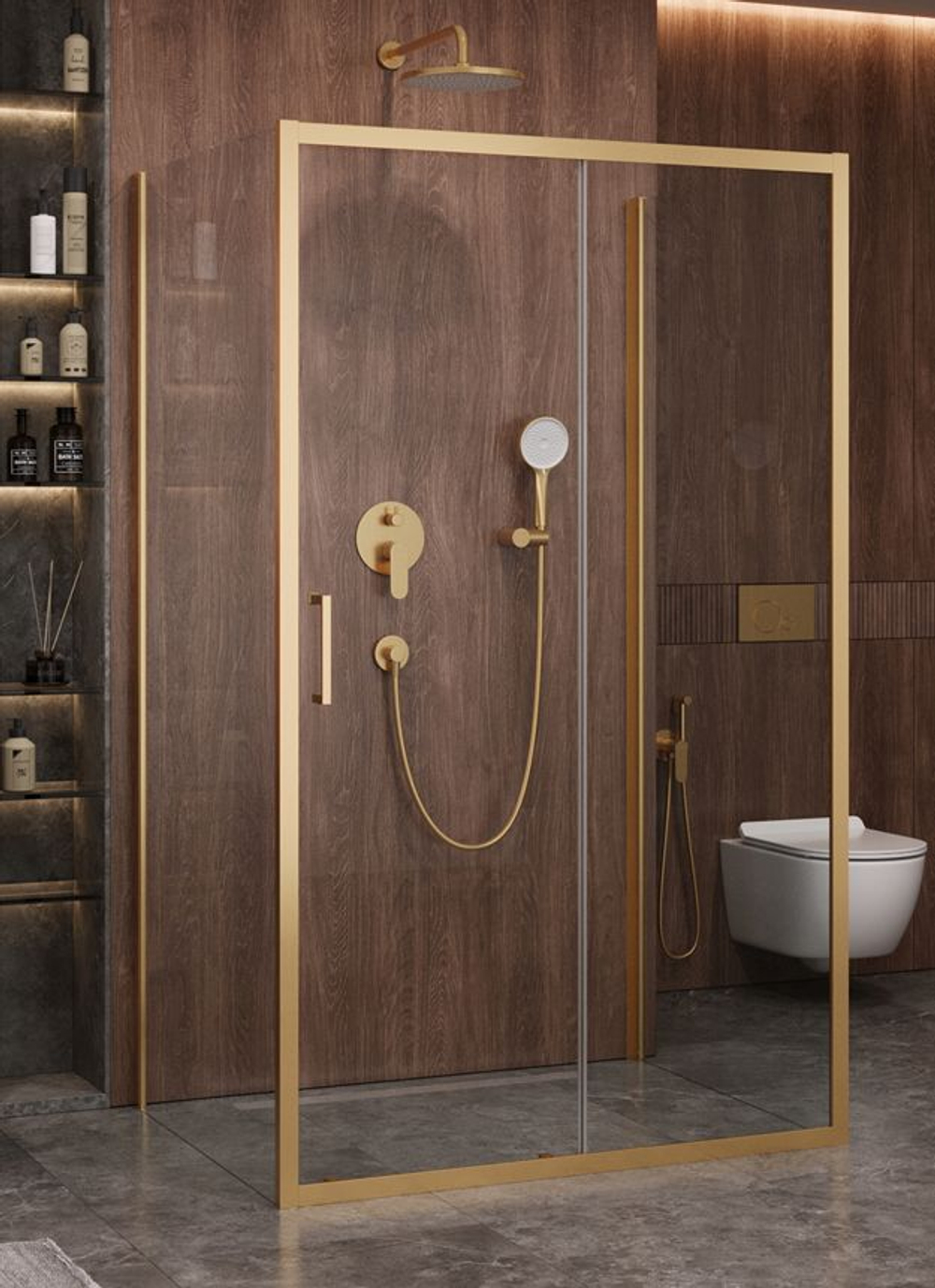 Душевой уголок Cezares MOLVENO-AH-12-160/90-C-BORO-IV, 160х90х195, профиль брашированное золото, прозрачное стекло