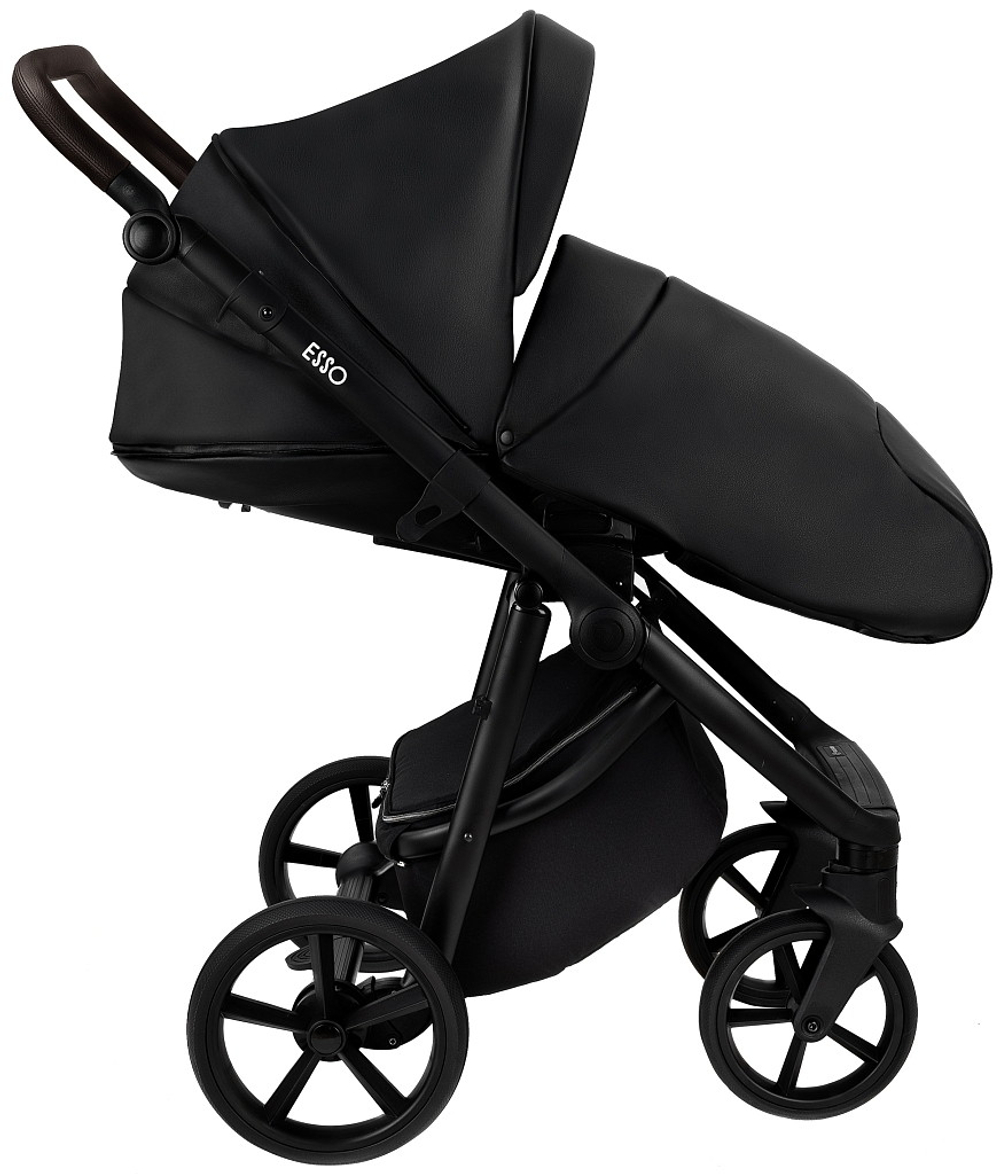 Детская коляска Roan Esso Кожа 3 в 1 с автокреслом Pituso Baesa Pro Black,Beige Canopy ESSK/210/1 Black /Black/руч.Тем.коричневый