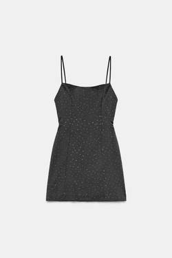ZARA КОРОТКОЕ АТЛАСНОЕ ПЛАТЬЕ СО СТРАЗАМИ, ЧЕРНЫЙ