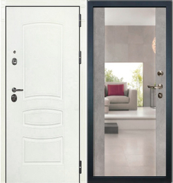 Входная металлическая дверь с зеркалом Лекс Сенатор 3К с шумоизоляцией Белая шагрень №102 Бетон серый (светлый)