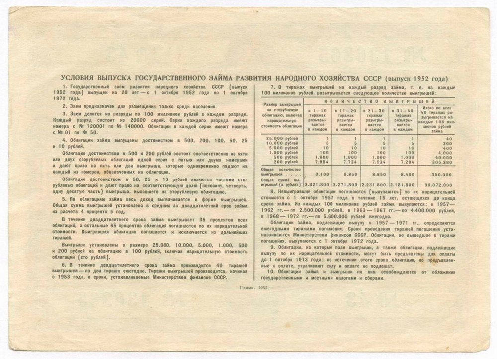 Облигация 100 рублей 1952 год. Серия № 136365. VF+