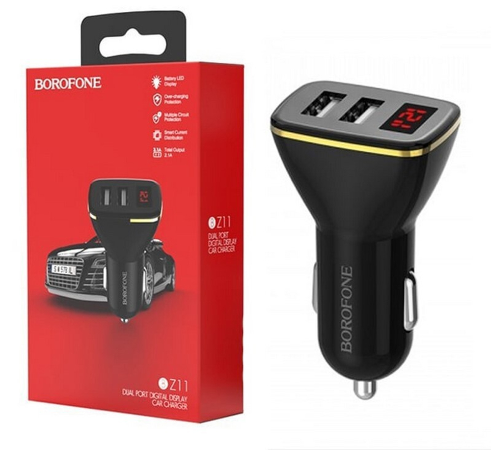 Автомобильный адаптер питания BOROFONE BZ11 LCD вольтметр 2USB 2.1A (черный)