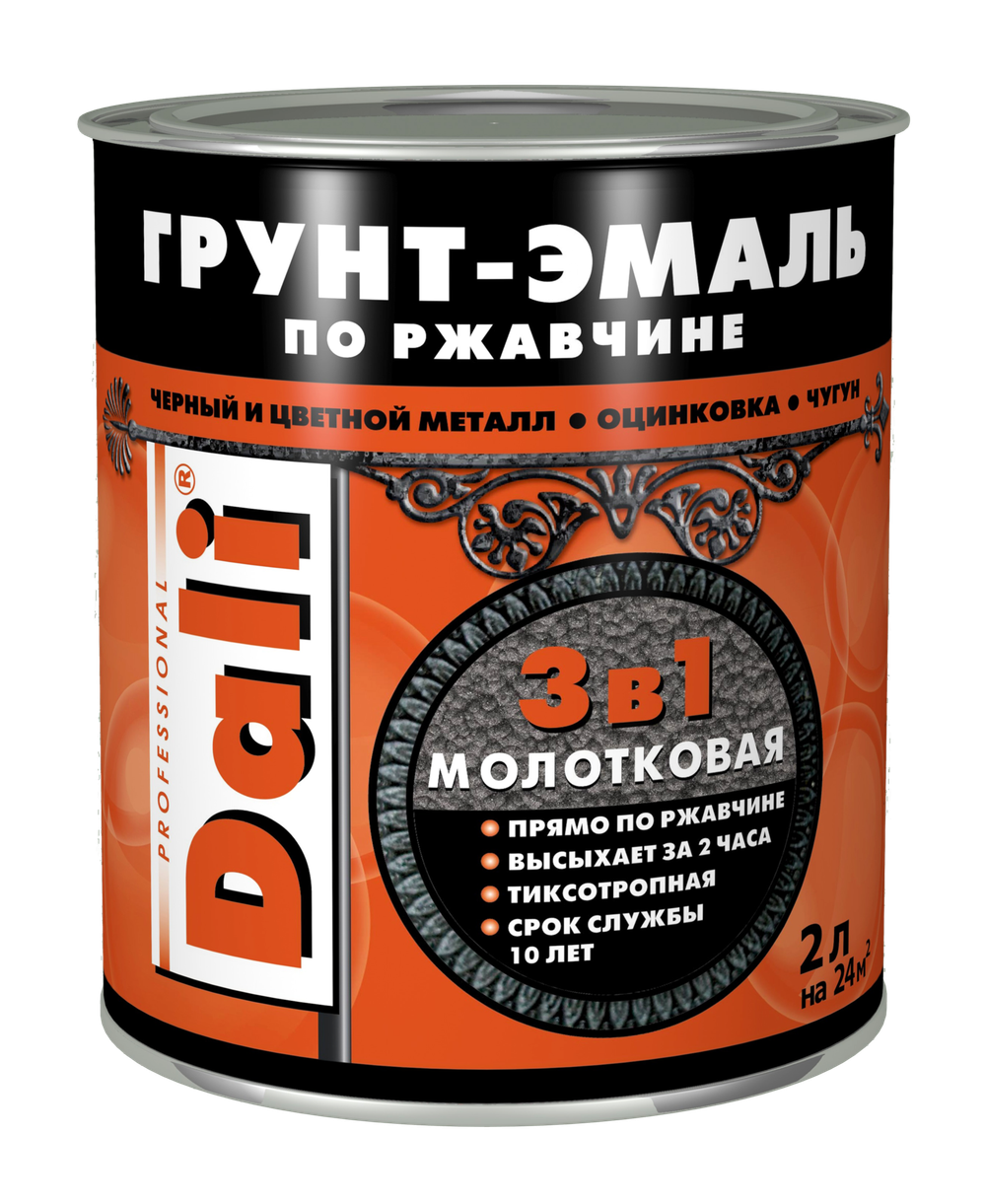 ГРУНТ- ЭМАЛЬ ПО РЖАВЧИНЕ "DALI" 3 В 1 МОЛОТКОВАЯ ЧЕРНАЯ 2 Л "РОГНЕДА"