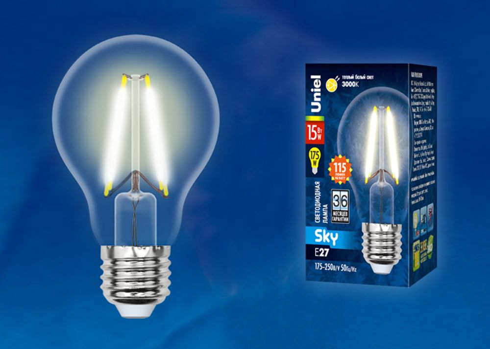 LED-A60-15W/3000K/E27/CL PLS02WH Лампа светодиодная. Форма A, прозрачная. Серия Sky. Теплый белый свет (3000K). Картон. ТМ Uniel.