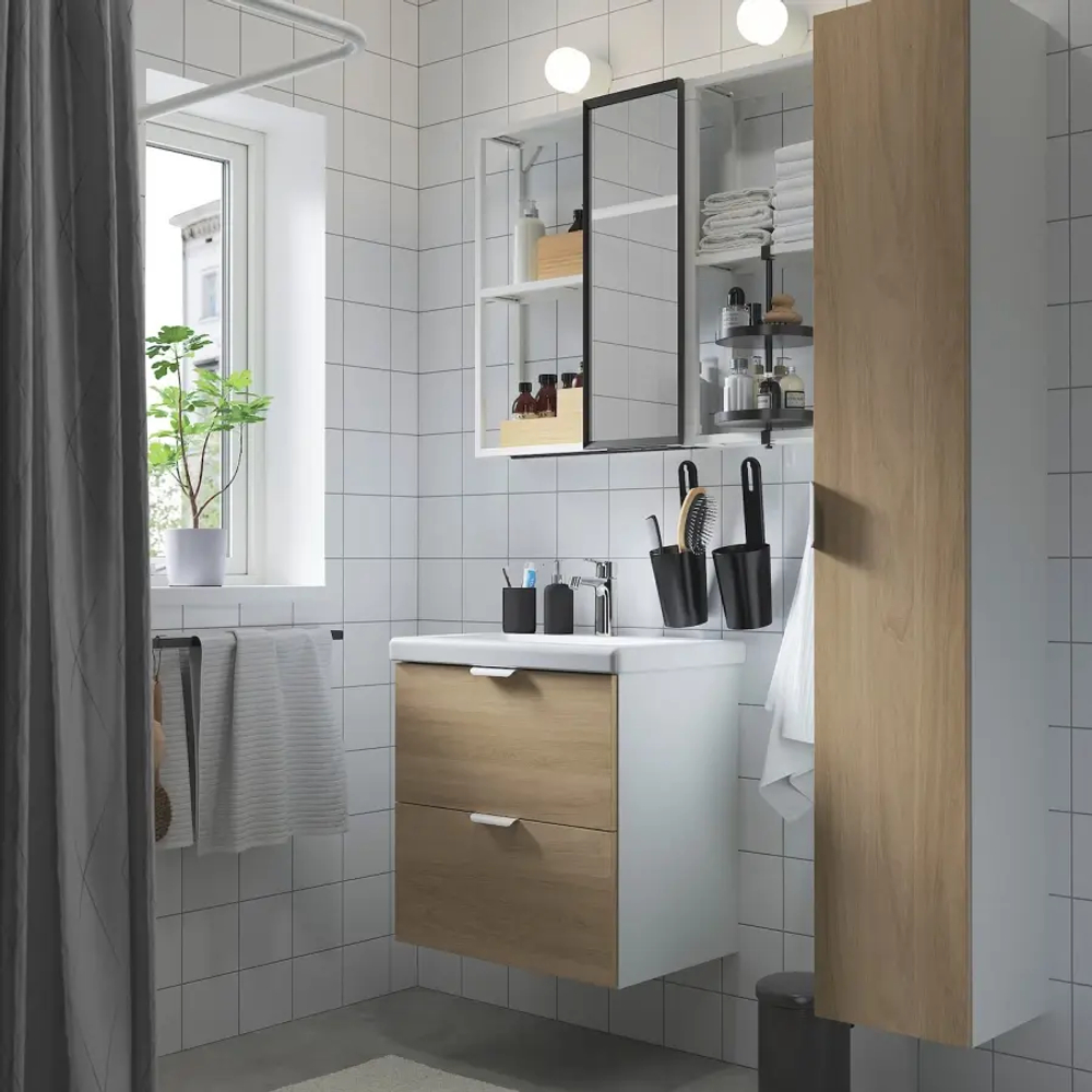 Комбинация для ванной - IKEA ENHET, 64х43х65 см, белый/имитация дуба, ЭНХЕТ ИКЕА