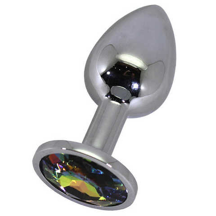 Анальная пробка серебристая с разноцветным кристаллом средняя