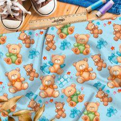 Ткань премиум атлас медведи с подарками на голубом