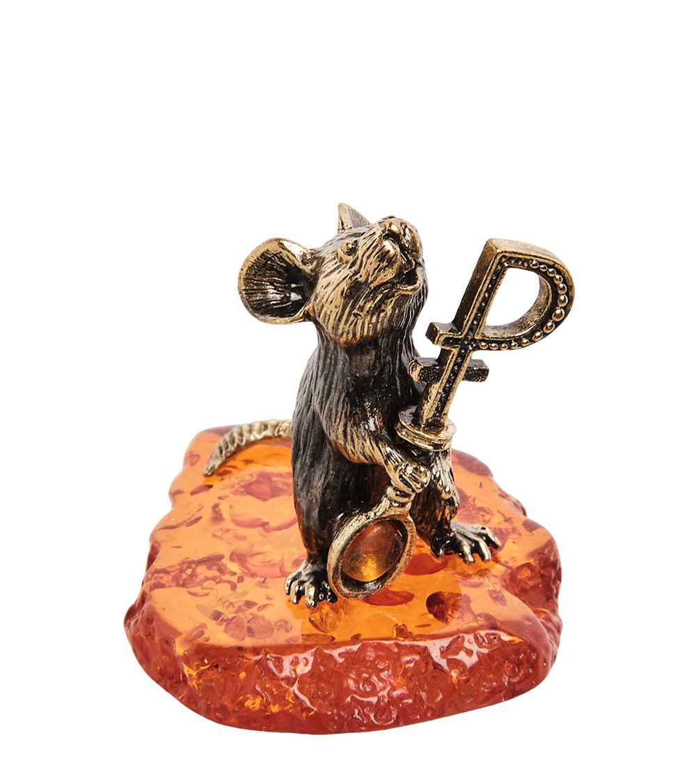 Народные промыслы AM-1677 Фигурка «Мышь с ложкой Рубль» (латунь, янтарь)