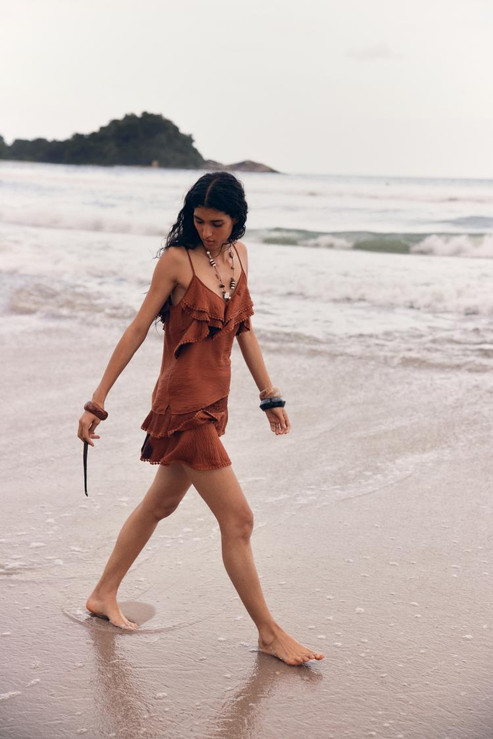 ZARA ТОП С ВОЛАНАМИ И КРУЖЕВОМ, ТЕРРАКОТОВЫЙ