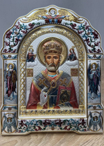 Николай чудотворец, икона арочная с рамкой под стеклом, белое дерево, эмаль 167х228