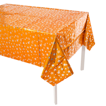 Скатерть металлизированная в оранжевом цвете с серебряными звездами, 137*183 см