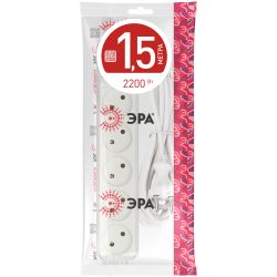 Удлинитель электрический ЭРА U-5s-1,5m-2x1 без заземления c выключателем 5 розеток 1,5м ПВС 2x1мм2 10А