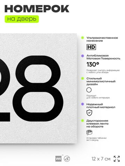 Номер на дверь 828, табличка на дверь для офиса, квартиры, кабинета, аудитории, склада, белая 120х70 мм, Айдентика Технолоджи