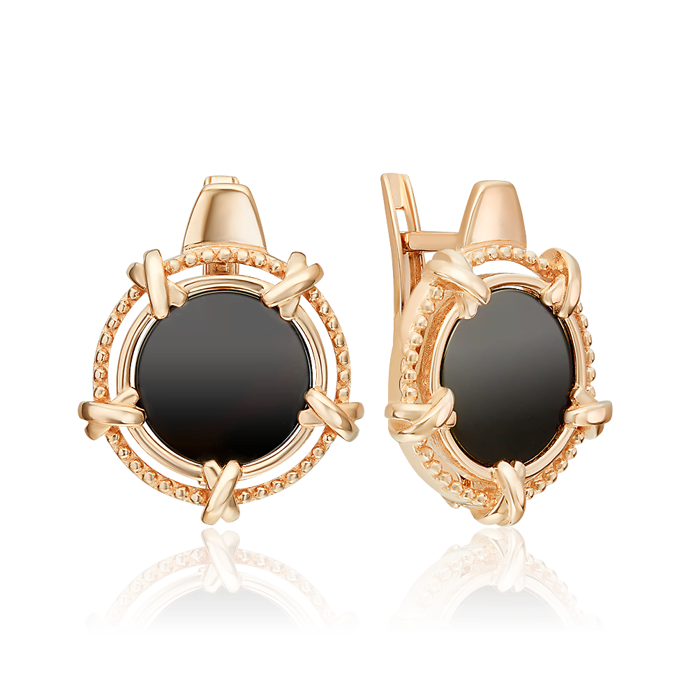 Серьги с английским замком из красного золота с ониксом
