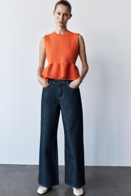 ZARA ТРИКОТАЖНЫЙ ТОП С БАСКОЙ, ОРАНЖЕВЫЙ