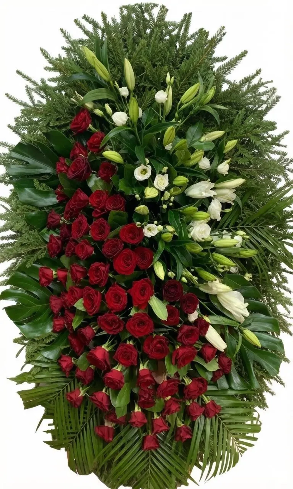 Траурный овальный венок из живых цветов с красными розами, белыми лилиями, листьями монстеры и хвоей