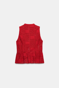 ZARA ТОП С ГИПЮРОВОЙ ОТДЕЛКОЙ И НАВЕСНЫМИ ПЕТЛЯМИ, КРАСНЫЙ