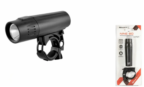 Фара SMART NINE 80 передняя, 1  Nichia диод 80 lm, 2 режима, крепеж на руль 22.4-31.8 мм, батарейки в комплекте (50)