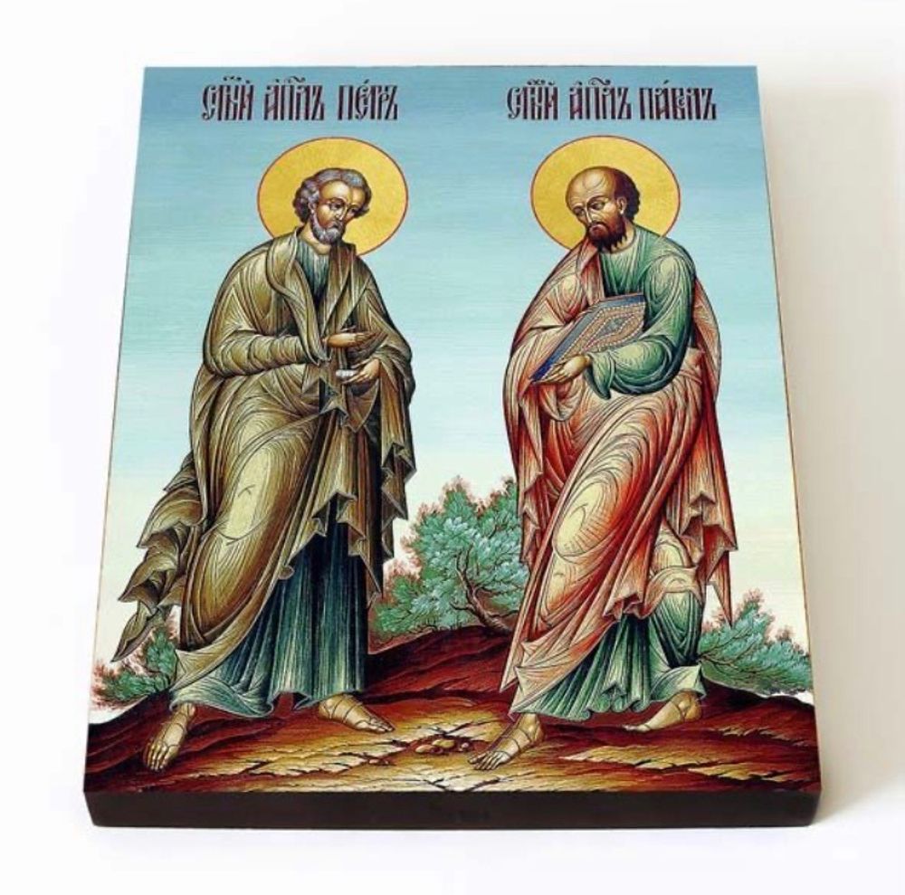 Святые первоверховные апостолы Петр и Павел, икона печать по левкасу на доске 20*25 см