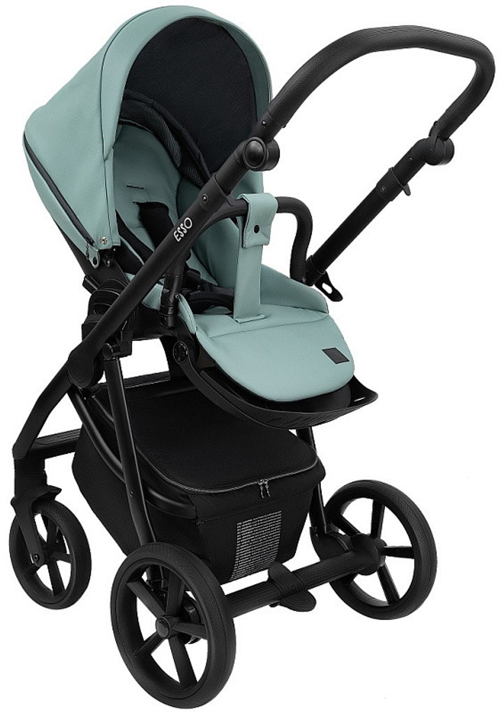 Детская коляска Roan Esso Кожа 3 в 1 с автокреслом Tutis Elo Lux EduSky Black ESSK/214/1 Misti Mint/Grey/руч.Черный