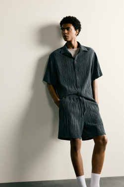 ZARA ШОРТЫ RELAXED FIT С РЕЛЬЕФНОЙ ФАКТУРОЙ, СИНИЙ