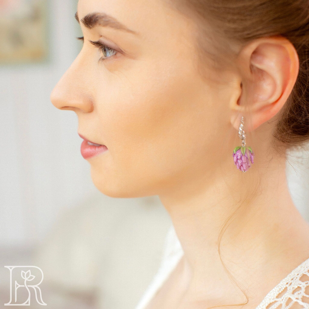 LEFIREL' Серьги серебряные женские "Клевер" с цветами из муранского стекла / ювелирные украшения из родированного серебра 925