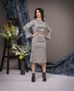 04-03-22 SS Платье шёлковое, юбка-годе, серый с черным рисунком L