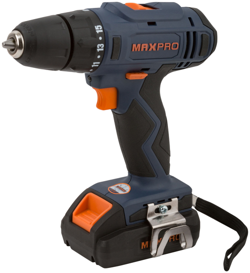 MAX-PRO Дрель-Шуруповерт аккумуляторная 14,4 В, 0-350/0-1250об/мин, 10мм, 28Нм, 2 батареи (Li-Ion) х1,5Ач, 15+1, 1ч., регулировка оборотов, резиновые 85028