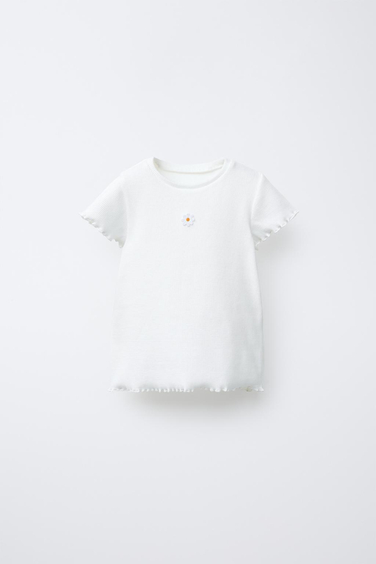 ZARA ФУТБОЛКА В РУБЧИК С ВЫШИВКОЙ, БЕЛЫЙ