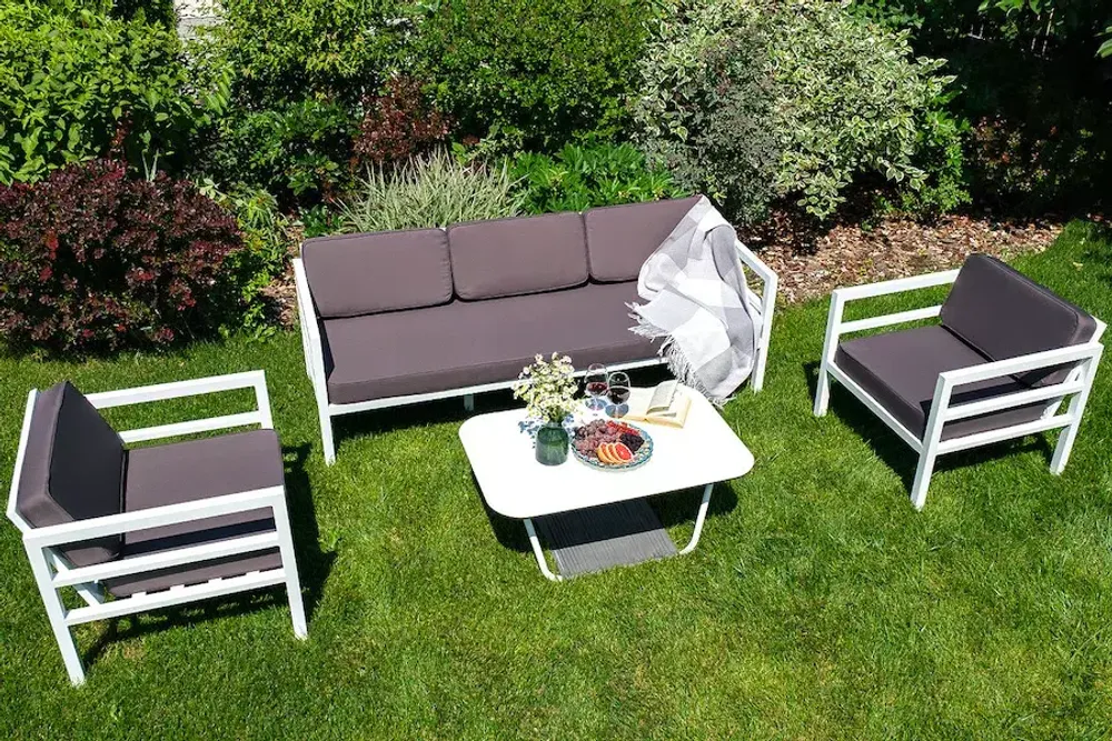 "Эстелья" диван 3-местный, каркас алюминий белый муар, ткань темно-серая 027