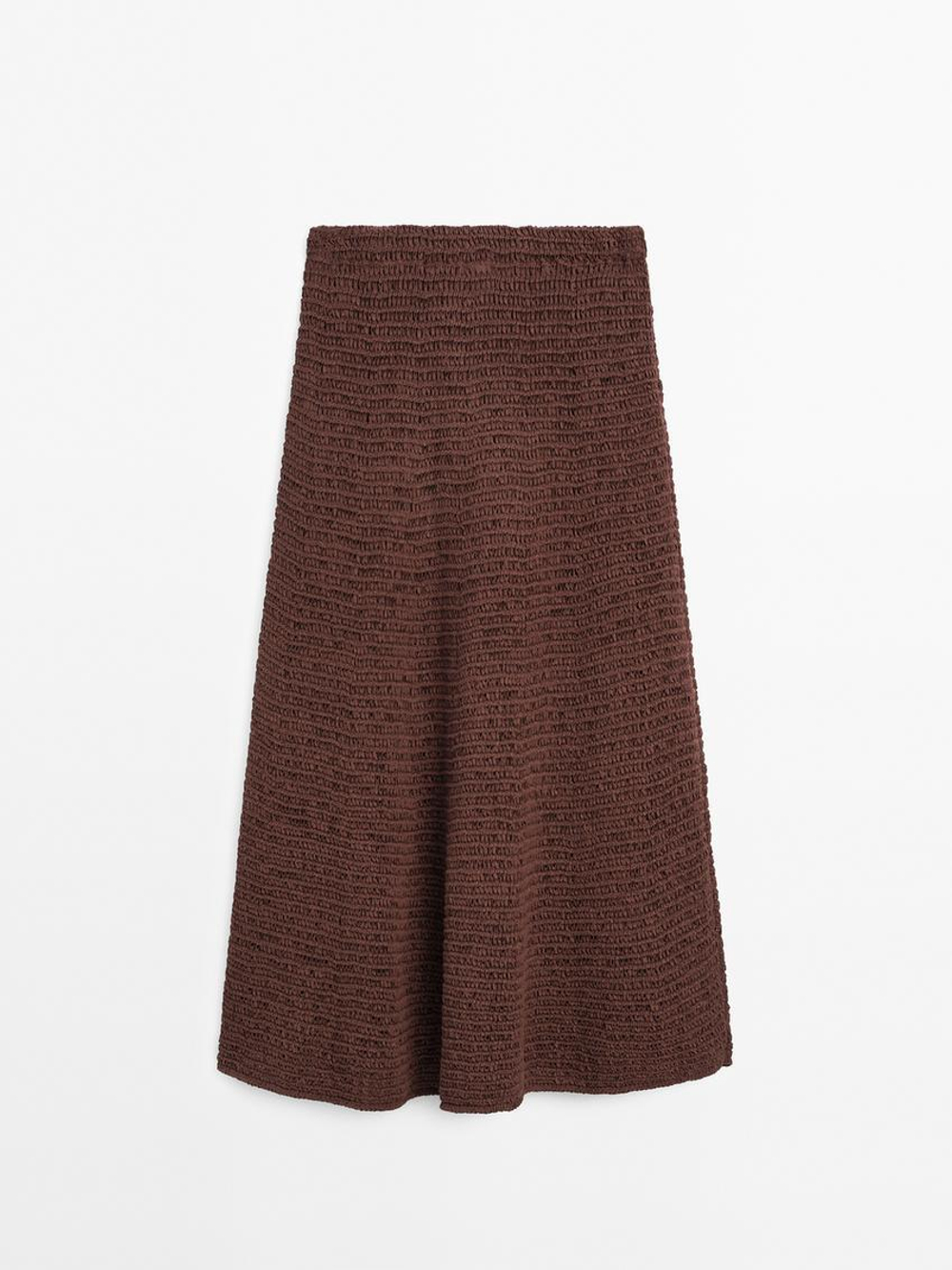 Massimo Dutti Юбка миди из смесового хлопка с кружевом кроше, баклажанный