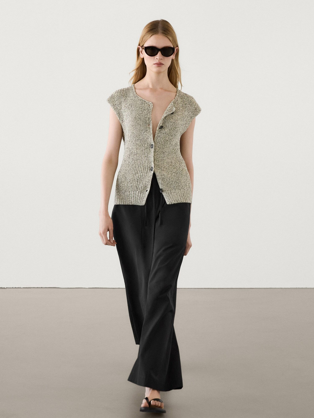 Massimo Dutti Жилет платочной вязки из 100% хлопка, натуральный, кремовый