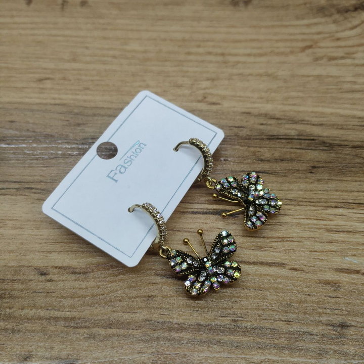 Серьги кольца подвеска Бабочка с усиками стразы цвет серебристый хамелеон металл золотистый