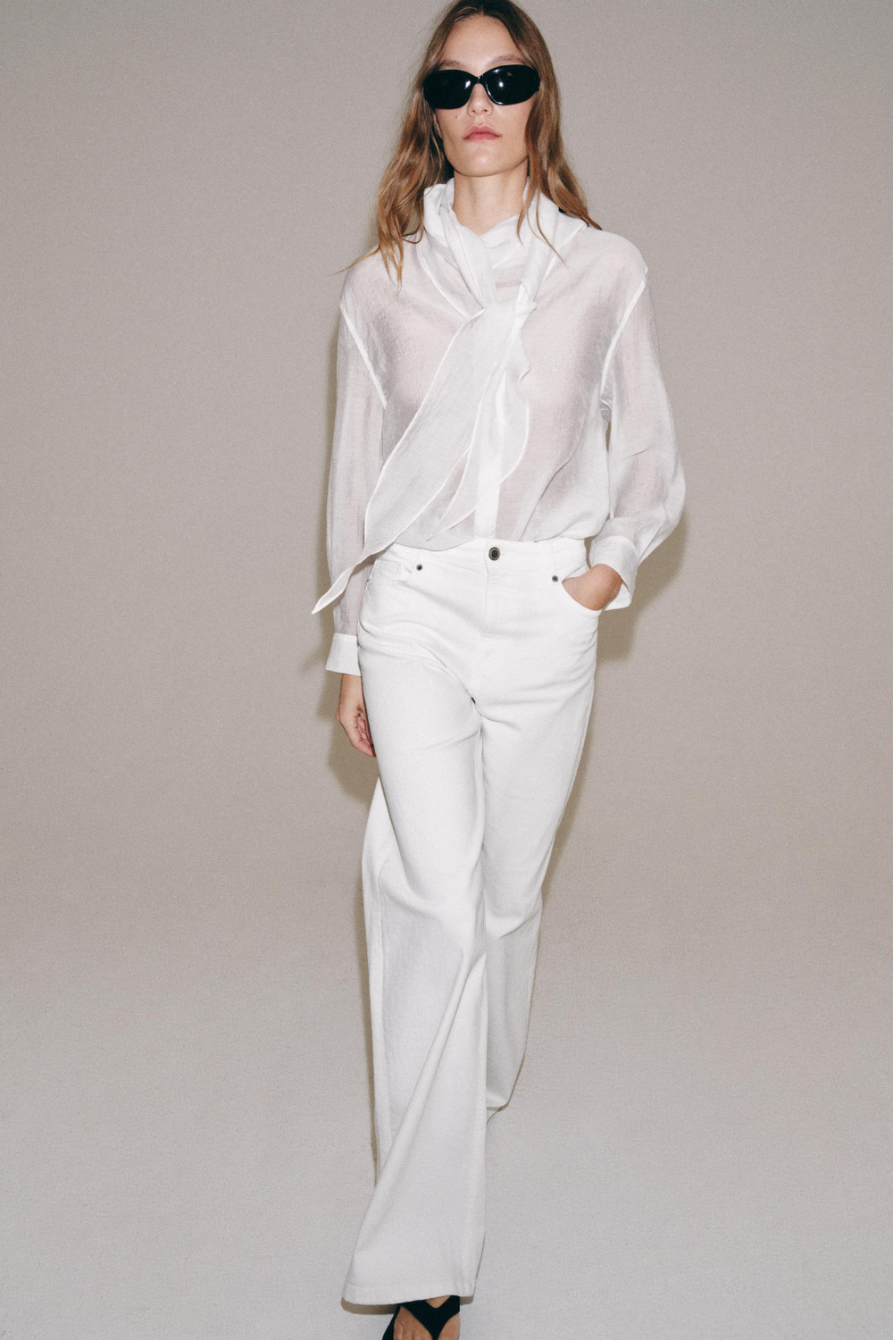 ZARA РУБАШКА С ПЛАТКОМ ZW COLLECTION, БЕЛЫЙ