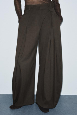 ZARA БРЮКИ WIDE LEG С ЗАЩИПАМИ — ZW COLLECTION, КОРИЧНЕВЫЙ