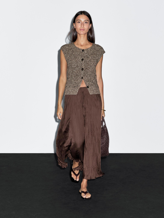 Massimo Dutti Длинная плиссированная юбка из струящейся ткани, коричневый