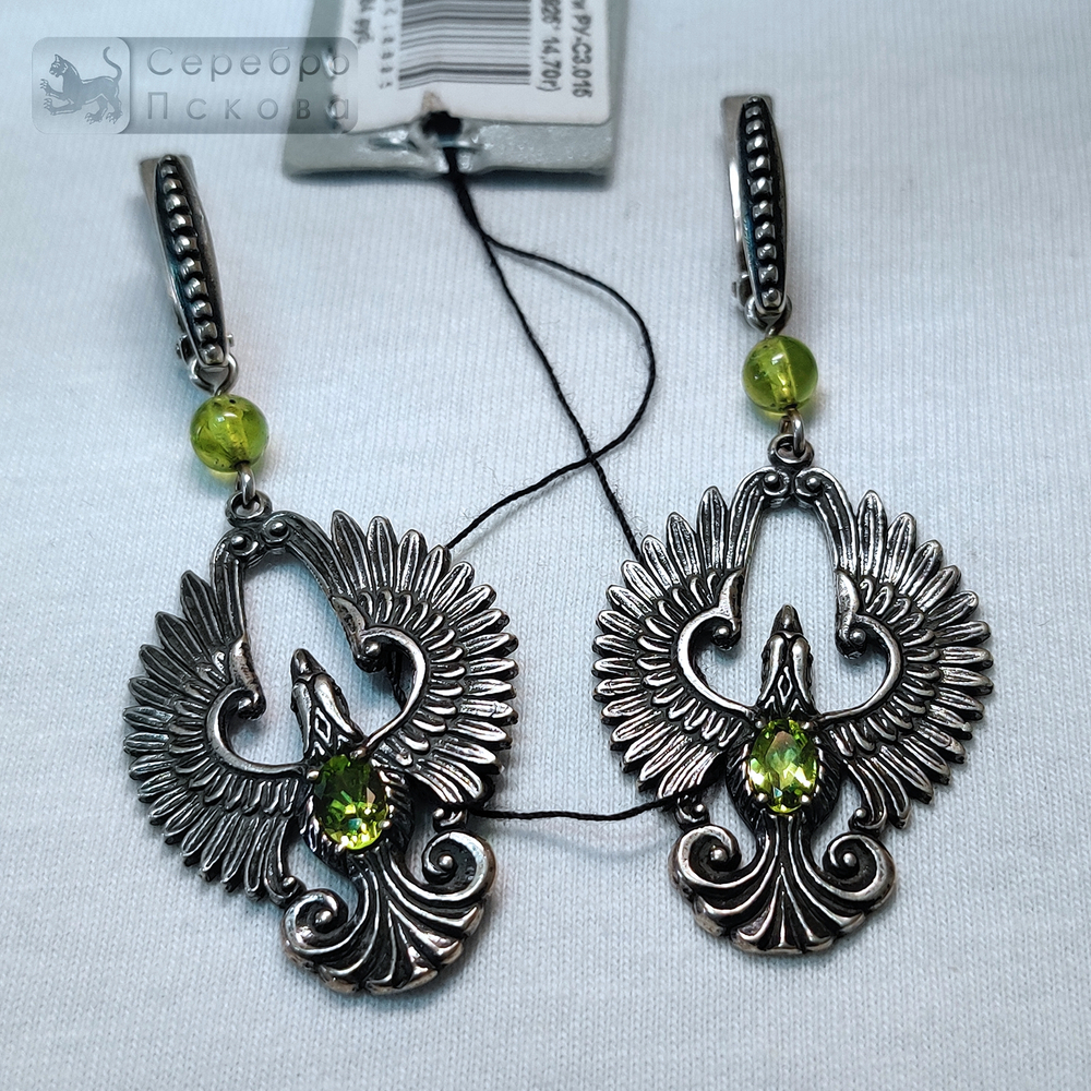 Серьги "Феникс" с зеленым агатом