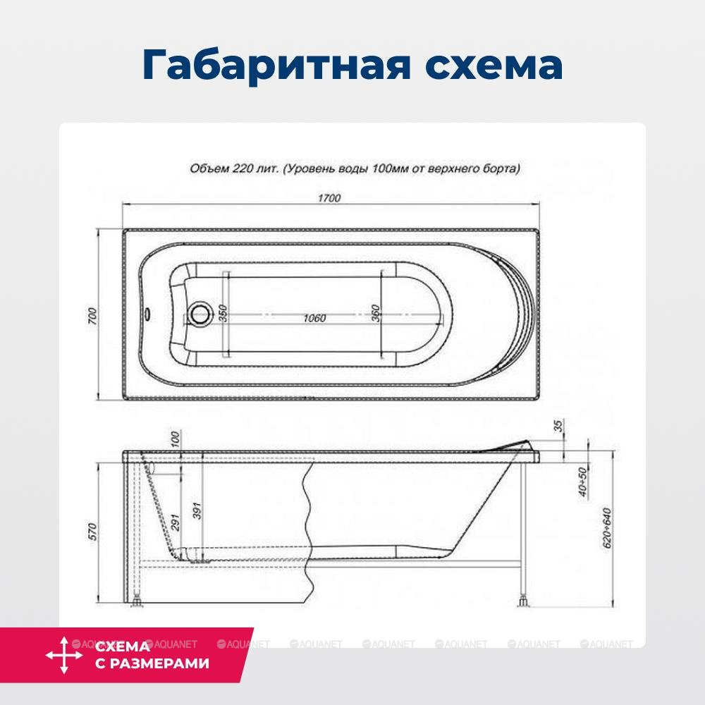 Акриловая ванна Aquanet (Акванет) Nord NEW 170x70 с каркасом
