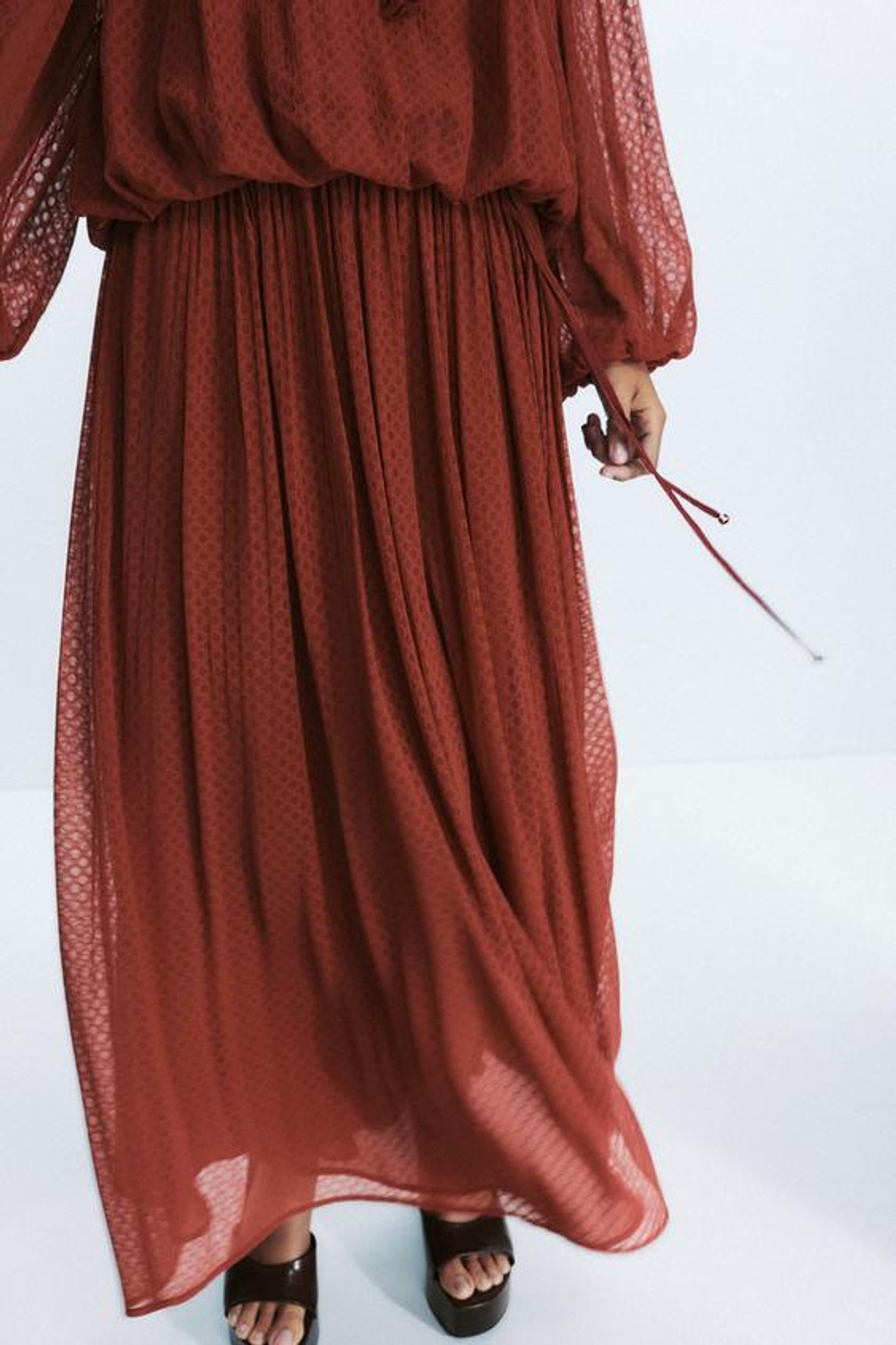 ZARA ПЛИССИРОВАННАЯ ЮБКА МИДИ С РЕМНЕМ, ЧЕРЕПИЧНЫЙ