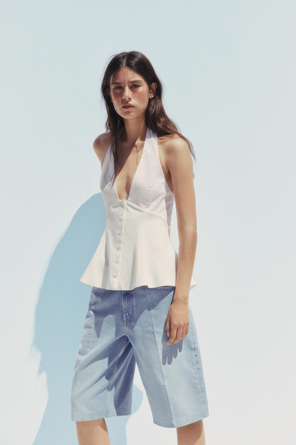 ZARA ТОП В КОНТРАСТНУЮ ПОЛОСКУ С ГОРЛОВИНОЙ ХАЛТЕР, ЭКРЮ