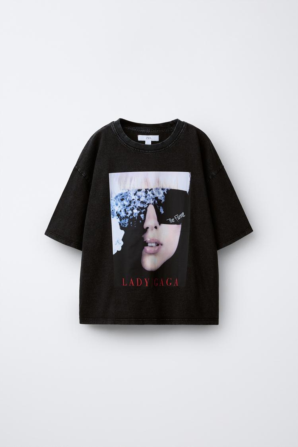 ZARA ФУТБОЛКА С ПРИНТОМ LADY GAGA ©, ТЕМНЫЙ АНТРАЦИТ