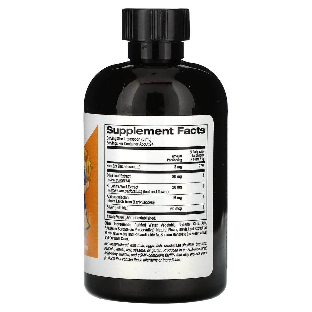 California Gold Nutrition, жидкая добавка для укрепления иммунитета, с экстрактом листьев оливкового дерева, экстрактом зверобоя и коллоидным серебром для детей, без спирта, апельсин, 118 мл (4 жидк. унции)